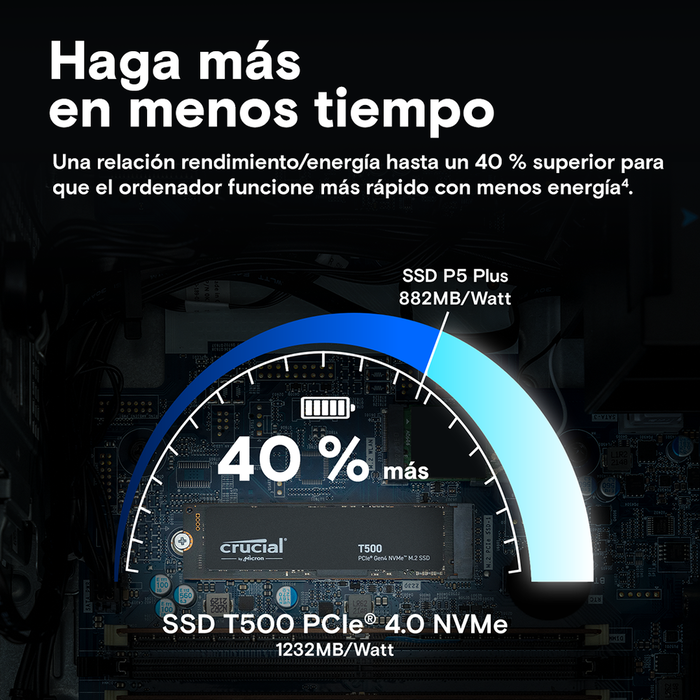 Crucial T500 SSD 2TB NVMe PCIe 4.0 x4 M.2 2280 Lectura 7400 MB/s Escritura 7000 MB/s Disco Duro Interno