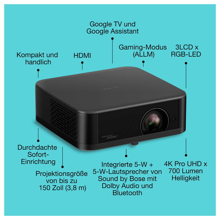 Epson EF-62B Proyector 3LCD Láser 4K HDR, 700 Lúmenes ANSI, 5000000:1, Wi-Fi/Bluetooth, Portátil, 1.6 kg, Negro - V11HB73140