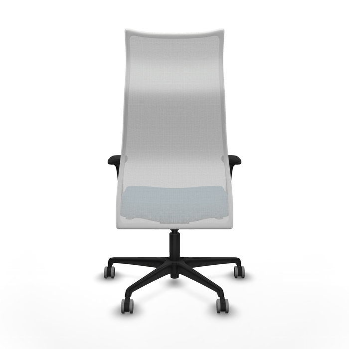 Sillón Albacete con mecanismo Sincro tapizada con Tela color Verde petróleo y malla color Blanco. Equipado con Base nailon negra, Brazos 1D y Ruedas 65 mm parqué