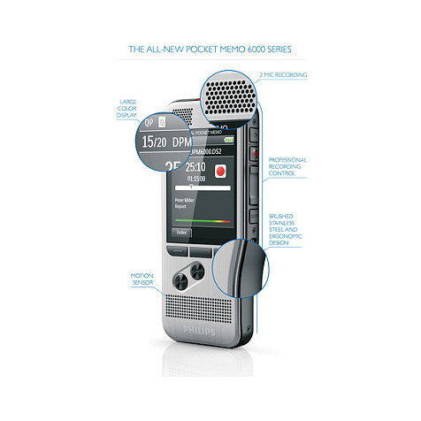 Philips DPM 6000/02 Grabadora de Voz Digital, Memoria SD/SDHC, Pantalla TFT 2.4", 30h Batería, Negro/Plata