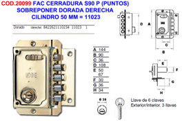 Cerradura de sobreponer S90 P dorada derecha con cilindro de 50 mm