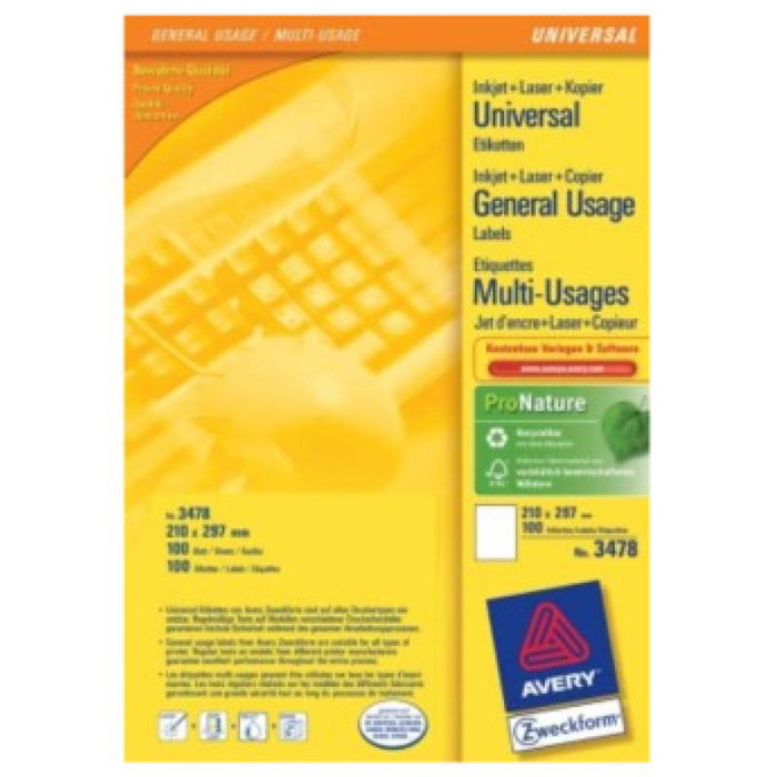 Avery Zweckform Etiquetas Adhesivas 210 x 297 mm Formato A4 para Impresión - Referencia 3478