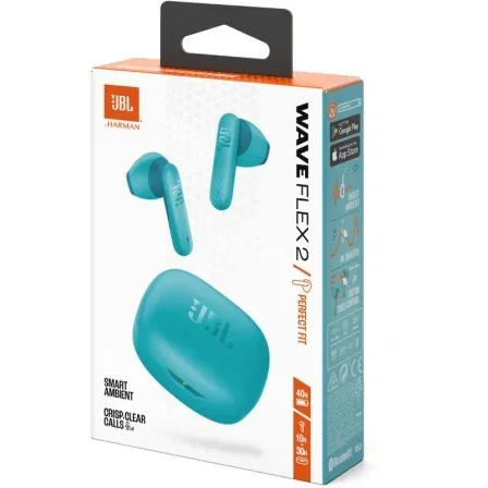 JBL Wave Flex 2 - Auriculares Inalámbricos Bluetooth con Estuche de Carga, 40h Autonomía Total, Sonido Pure Bass, Smart Ambient, Resistencia IP54, Color Azul - Ref: JBLWFLEX2BLU
