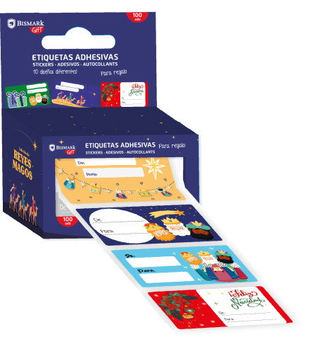 Bismark 332911 Caja 100 Etiquetas Adhesivas para Regalos Reyes Magos 75x50x50mm