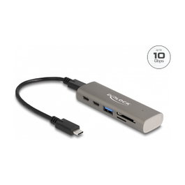 DeLOCK Hub USB-C 3 Puertos 10 Gbps con Lector de Tarjetas SD/Micro SD, USB 3.2 Gen 1, Tipo C y Tipo A, Color Gris Metal