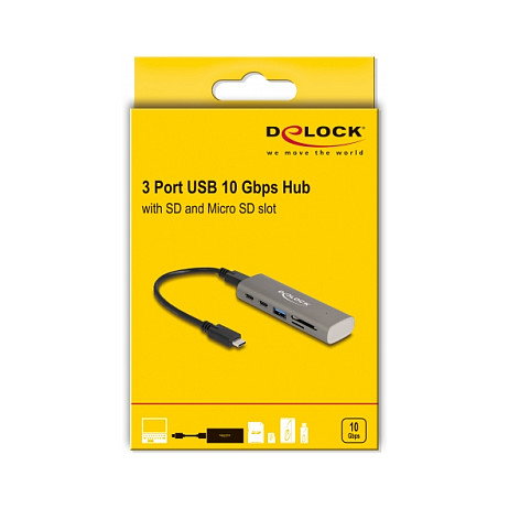 DeLOCK Concentrador USB 3 puertos con lector de tarjetas SD/Micro SD y USB Type-C Gris