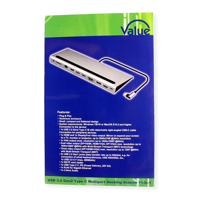 VALUE Docking Station USB 3.2 Gen 2 Typ C Multiport con 4K HDMI/DP, VGA, LAN y Lector de Tarjetas VALUE Docking Station USB 3.2 Gen 2 Typ C Multiport con 4K HDMI/DP, VGA, LAN y Lector de Tarjetas