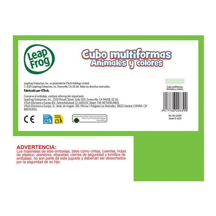 Leap Frog Cubo Multiformas Animales Y Colores 80-622839 V-Tech, Cubo de Juegos no Electrónico con 12 Actividades, Juguete Educativo para +12 Meses