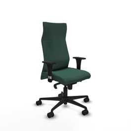 Sillón Albacete con mecanismo Sincro tapizada con Tela color Verde botella. Equipado con Base nailon negra, Brazos 1D y Ruedas 65mm nailon