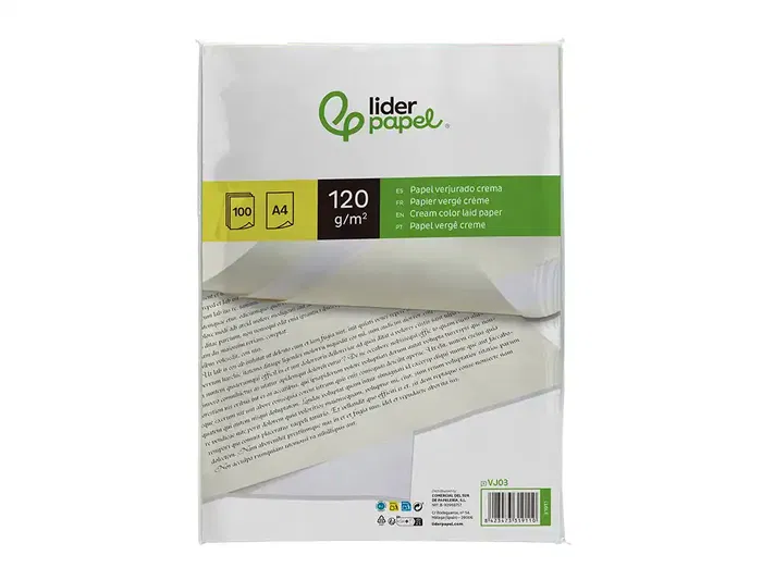 Liderpapel Papel Verjurado A4 120g/m2 Crema Paquete de 100 Hojas Liderpapel Papel Verjurado A4 120g/m2 Crema Paquete de 100 Hojas