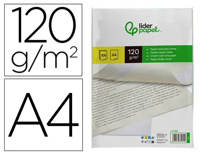 Liderpapel Papel Verjurado A4 120g/m2 Crema Paquete de 100 Hojas Liderpapel Papel Verjurado A4 120g/m2 Crema Paquete de 100 Hojas
