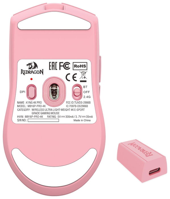 Redragon M916P-PRO-4K K1NG Ratón Ergonómico Inalámbrico para Gaming Rosa 26000 DPI