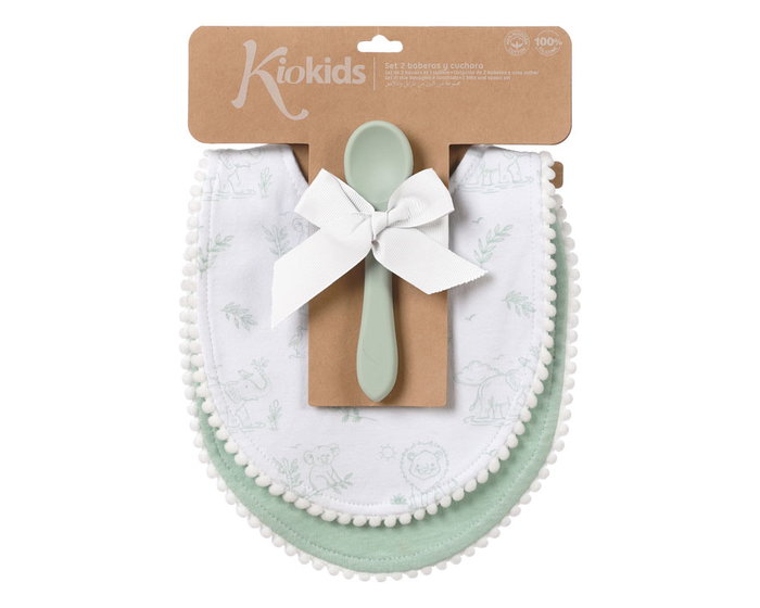 KioKids Set de 2 Baberos de Algodón y Cuchara de Silicona para Bebé +4 Meses, Color Verde, Alimentación Segura KioKids Set de 2 Baberos de Algodón y Cuchara de Silicona para Bebé +4 Meses, Color Verde, Alimentación Segura