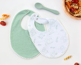 KioKids Set de 2 Baberos de Algodón Verde y Cuchara de Silicona para Bebé +0 meses - Incluye Cuchara Alimentación Segura