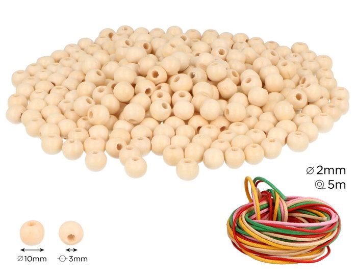 Innspiro Cuentas de Madera Redonda Natural 10mm con 5m de Hilo de Algodón