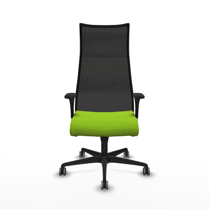 Sillón Albacete con mecanismo Sincro tapizada con Similpiel color Pistacho y malla color Negro. Equipado con Base nailon negra, Brazos 1D y Ruedas 65 mm parqué