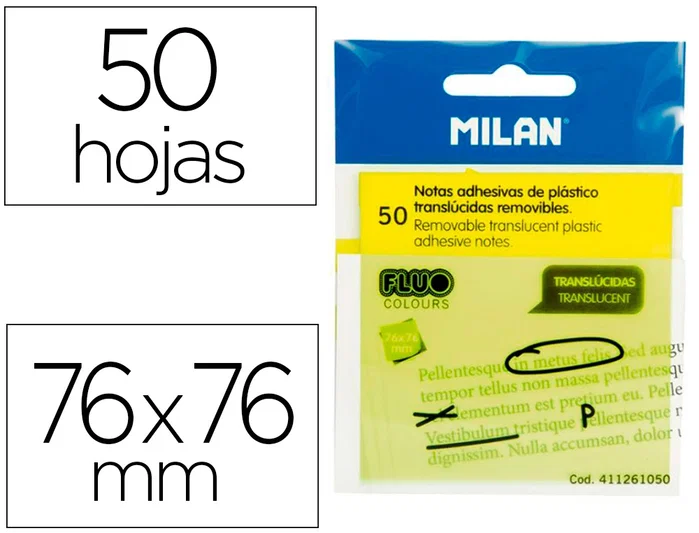 Milan Bloc de Notas Adhesivas Translúcidas Amarillo Fluorescente 76x76 mm Milan Bloc de Notas Adhesivas Translúcidas Amarillo Fluorescente 76x76 mm