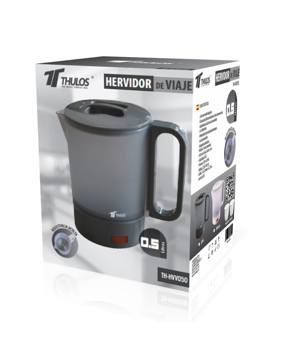 Thulos Hervidor de Agua Eléctrico Portátil Automático 0.5L 420W para Viaje, Resistencia Acero Inoxidable y 2 Tazas - Blanco