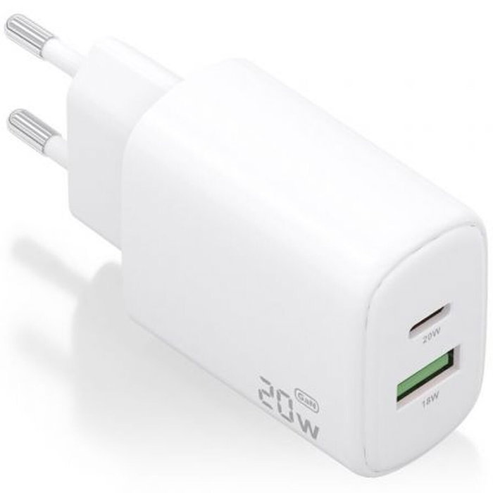 Aisens Cargador GaN 20W con USB-C PD3.0 y USB-A QC3.0, Blanco