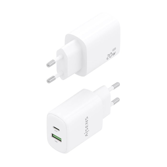 Aisens Cargador GaN 20W con USB-C PD3.0 y USB-A QC3.0, Blanco