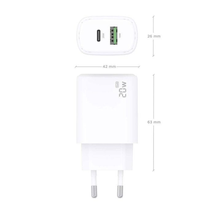 Aisens Cargador GaN 20W con USB-C PD3.0 y USB-A QC3.0, Blanco