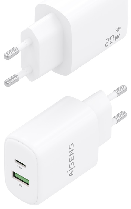 Aisens Cargador GaN 20W con USB-C PD3.0 y USB-A QC3.0, Blanco