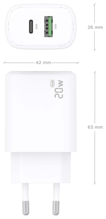 Aisens Cargador GaN 20W con USB-C PD3.0 y USB-A QC3.0, Blanco