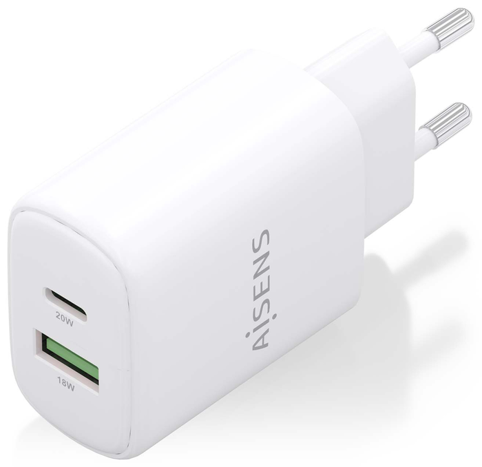 Aisens Cargador GaN 20W con USB-C PD3.0 y USB-A QC3.0, Blanco
