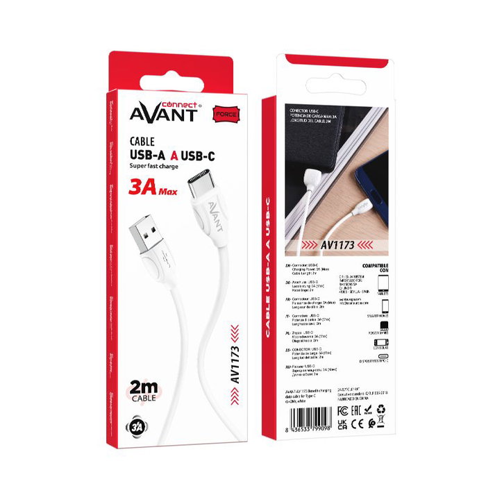 AVANT CONNECT Cable de carga rápida USB-A a USB-C 3A 2m para teléfono, tableta y accesorios
