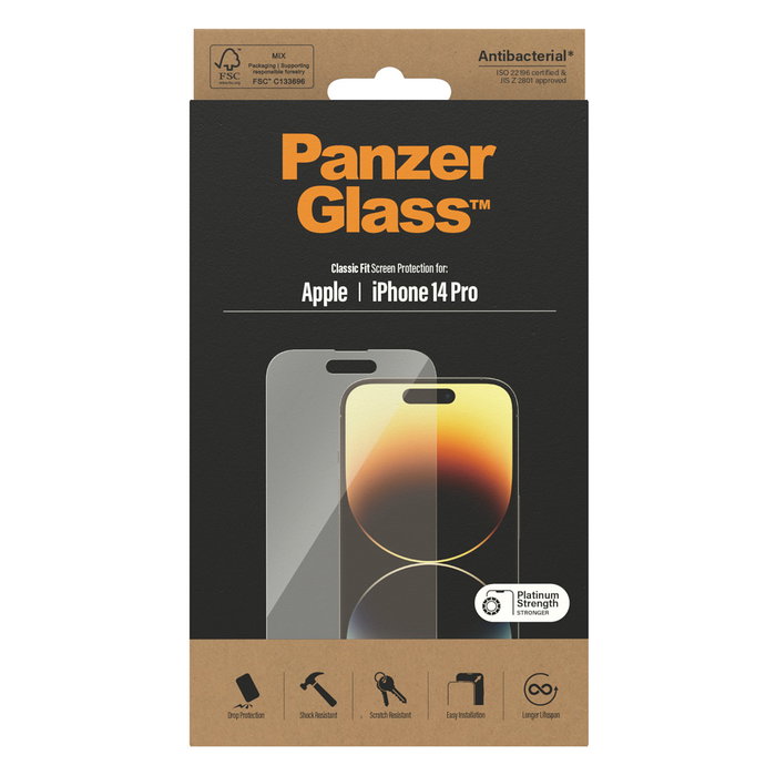 PanzerGlass Protector de Pantalla de Vidrio Templado para iPhone 14 Pro, Aplicación en Seco, Antibacteriano, Resistente a Rayones y Golpes, Transparente - 1 Unidad