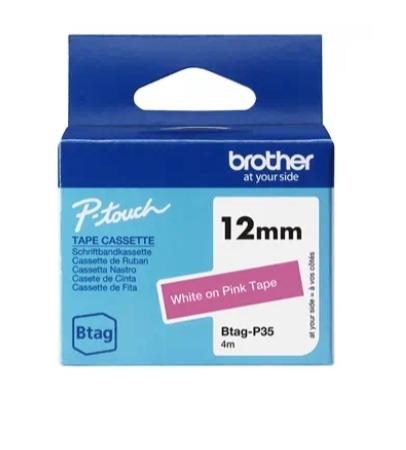 Brother Btag P35 Cinta de 12 mm Blanco sobre rosa