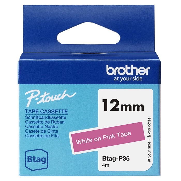 Brother Btag P35 Cinta de 12 mm Blanco sobre rosa
