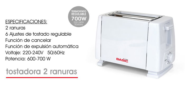 Basic Home Tostadora Blanca, 2 Ranuras, 700W, Medidas: 20.5 x 11.5 x 16 cm (4 Unidades)