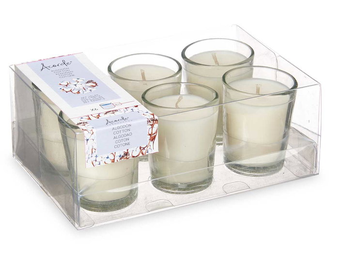 ACORDE Set 6 Velas en Vaso de Vidrio Aroma Algodón Blanco 16x11x6.5 cm (Set de 12)