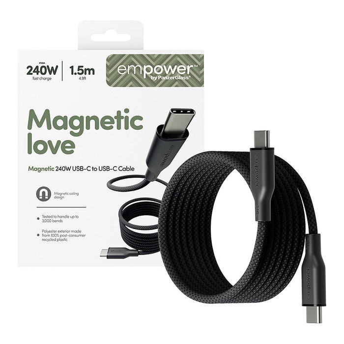 PanzerGlass empower™ Magnetic Cable USB-C to USB-C 240W 1.5m, USB 2.0, Transparente, 100% Poliéster Reciclado