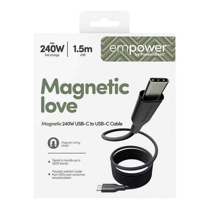 PanzerGlass empower™ Magnetic Cable USB-C to USB-C 240W 1.5m, USB 2.0, Transparente, 100% Poliéster Reciclado