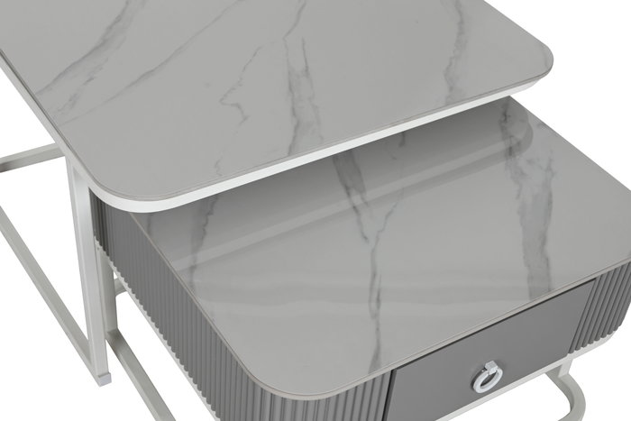 DKD Home Decor Mesa Centro Glam Blanco Piedra Sinterizada y Metal Set de 2 70x45x70 cm