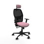 Silla de oficina Alfera con mecanismo Sincro tapizada con Tela color Rosa y malla color Negro. Equipada con lumbar 1D, Brazos 1D, Cabecero 2D y Ruedas 65mm nailon
