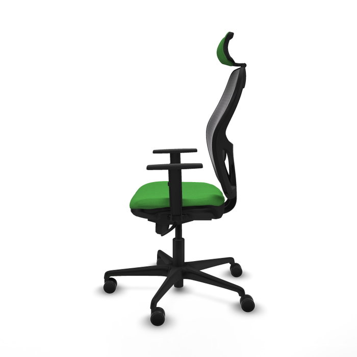 Silla de oficina Jorquera con mecanismo Sincro tapizada con Tela color Verde y malla color Negro. Equipada con lumbar 1D, Brazos 1D, Cabecero 2D y Ruedas 65mm nailon