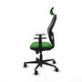 Silla de oficina Jorquera con mecanismo Sincro tapizada con Tela color Verde y malla color Negro. Equipada con lumbar 1D, Brazos 1D, Cabecero 2D y Ruedas 65mm nailon
