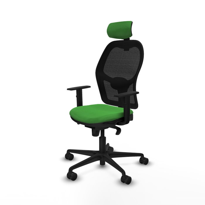 Silla de oficina Jorquera con mecanismo Sincro tapizada con Tela color Verde y malla color Negro. Equipada con lumbar 1D, Brazos 1D, Cabecero 2D y Ruedas 65mm nailon