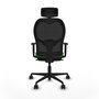 Silla de oficina Jorquera con mecanismo Sincro tapizada con Tela color Verde y malla color Negro. Equipada con lumbar 1D, Brazos 1D, Cabecero 2D y Ruedas 65mm nailon