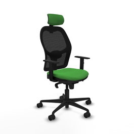 Silla de oficina Jorquera con mecanismo Sincro tapizada con Tela color Verde y malla color Negro. Equipada con lumbar 1D, Brazos 1D, Cabecero 2D y Ruedas 65mm nailon