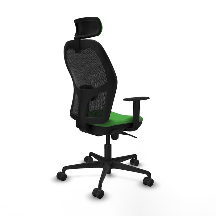 Silla de oficina Jorquera con mecanismo Sincro tapizada con Tela color Verde y malla color Negro. Equipada con lumbar 1D, Brazos 1D, Cabecero 2D y Ruedas 65mm nailon