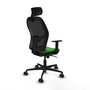 Silla de oficina Jorquera con mecanismo Sincro tapizada con Tela color Verde y malla color Negro. Equipada con lumbar 1D, Brazos 1D, Cabecero 2D y Ruedas 65mm nailon