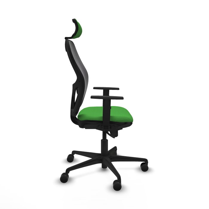 Silla de oficina Jorquera con mecanismo Sincro tapizada con Tela color Verde y malla color Negro. Equipada con lumbar 1D, Brazos 1D, Cabecero 2D y Ruedas 65mm nailon