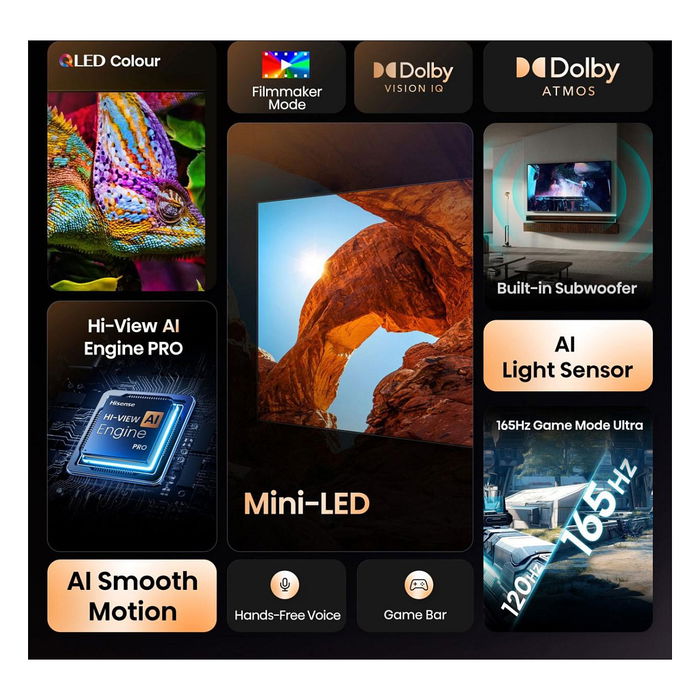 Hisense 100U7QTU - Televisor 100" / 254 cm 4K Ultra HD Mini-LED ULED Smart TV, 144 Hz, HDR10+, AMD FreeSync Premium Pro, Bluetooth, WiFi, VIDAA U9, Negro