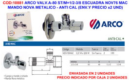 ARCO Válvula de Llave de Escuadra A-80 1/2-3/8 M-M