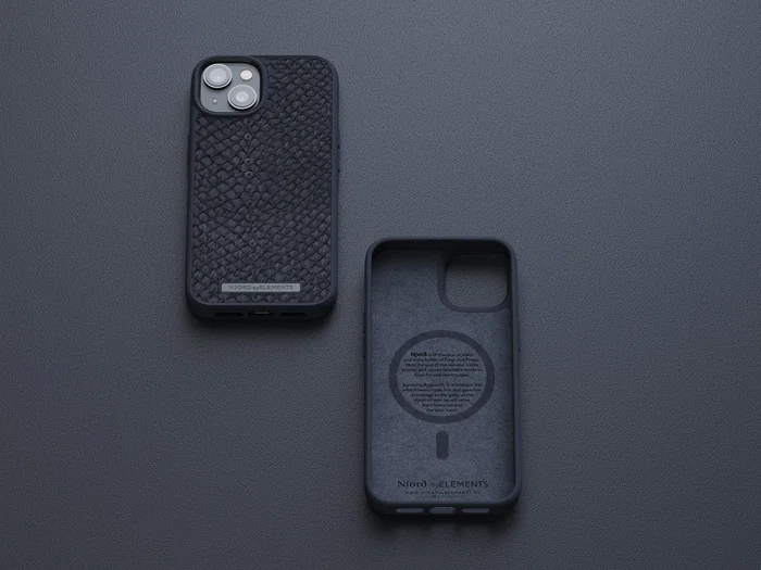 Njord byELEMENTS iPhone 14 (15.5 cm / 6.1") Funda MagSafe con Piel de Salmón - Negro - Protección contra Caídas hasta 2 m, Compatible con Carga Inalámbrica