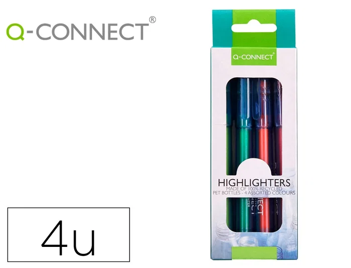Q-connect Rotulador fluorescente punta biselada, fabricado con PET reciclado, caja de 4 unidades, colores surtidos Q-connect Rotulador fluorescente punta biselada, fabricado con PET reciclado, caja de 4 unidades, colores surtidos
